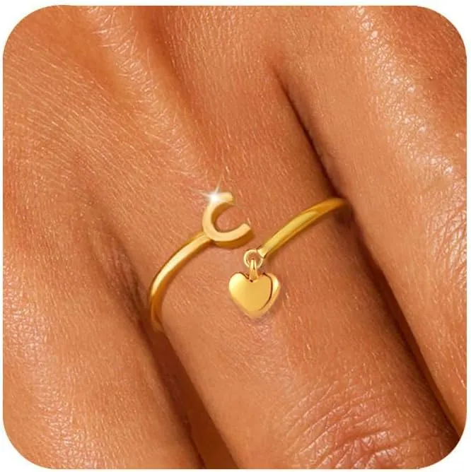 Gold Initial Ring for Women Dainty Initial Heart Non Tarnish Gold Rings 14K Gold Plated Alphabet Letter Rings Open Statement Ring Adjustable Thumb Pinky Ring for Women