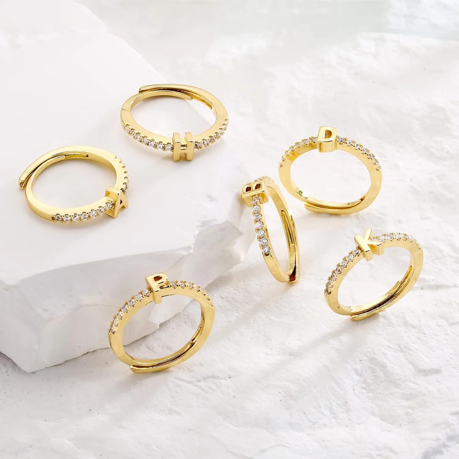 Gold Initial Rings for Women Dainty Adjustable Open Rings Stackable Capital Letters Rings Shiny Zirconia Rings Prom Jewelry Present