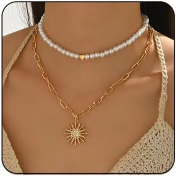 Gold Layered Necklace for Women Bohemian Style Rhinestone Sun Pendant Necklace Vintage Pearl Heart Choker Necklaces Trendy Paperclip Chain Necklaces Christmas Birthday Party Jewelry