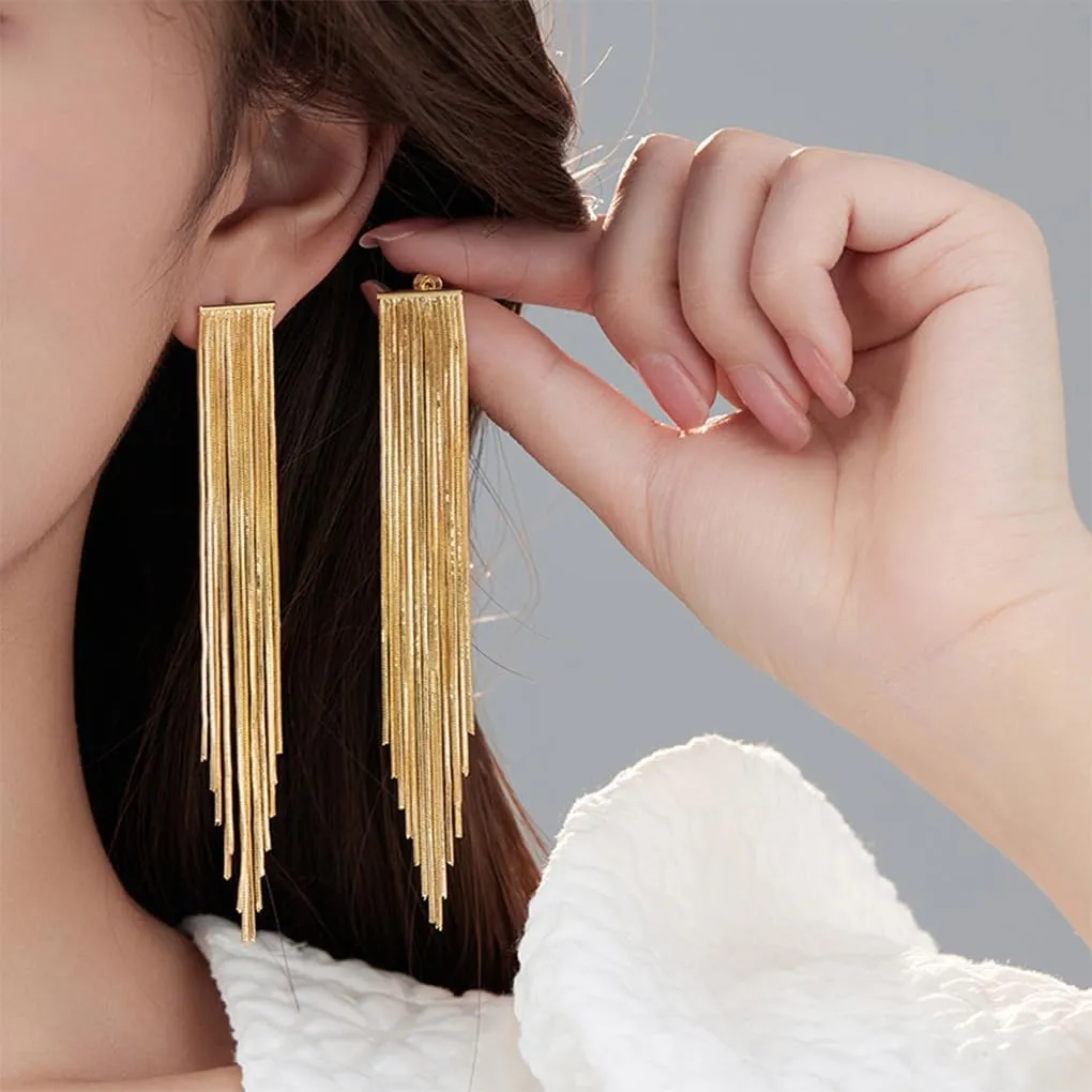 Gold Long Tassel Drop Dangle Earrings for Women,Striking Silver Statement Metal Chain Dangling Earrings, Charming Bridal Wedding Party Jewelry Gifts