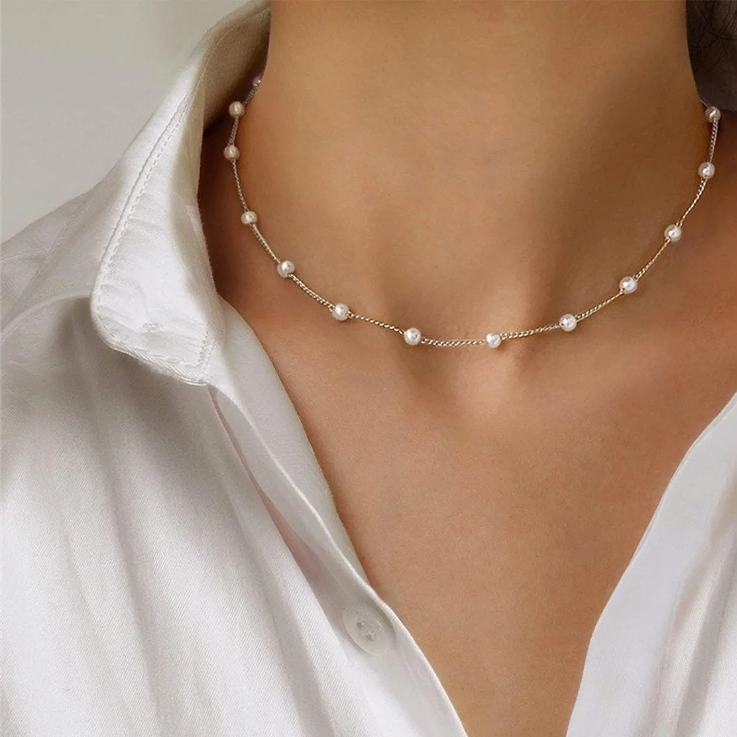 Gold Pearl Necklace for Women, 14K Gold Plated Layered Pearl Necklaces for Women Trendy Simple Herringbone Chain Pearl Necklace for Women Gold Jewelry Gifts