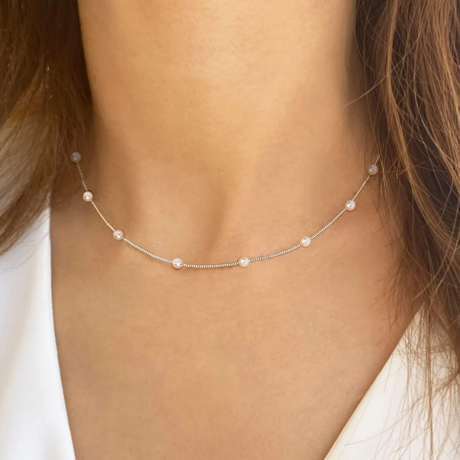 Gold Pearl Necklace for Women, 14K Gold Plated Layered Pearl Necklaces for Women Trendy Simple Herringbone Chain Pearl Necklace for Women Gold Jewelry Gifts