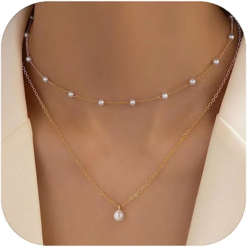 Gold Pearl Necklaces for Women Layered Pearl Necklace Stackable Pearl Choker Necklace Dainty Pearl Jewelry for Women