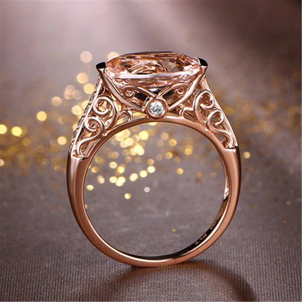 Gold Plated Solid Rings,Rose Gold Gemstone Inlaid Vintage Ring Round Cut Cubic Zirconia CZ Wedding Promise Rings for Her