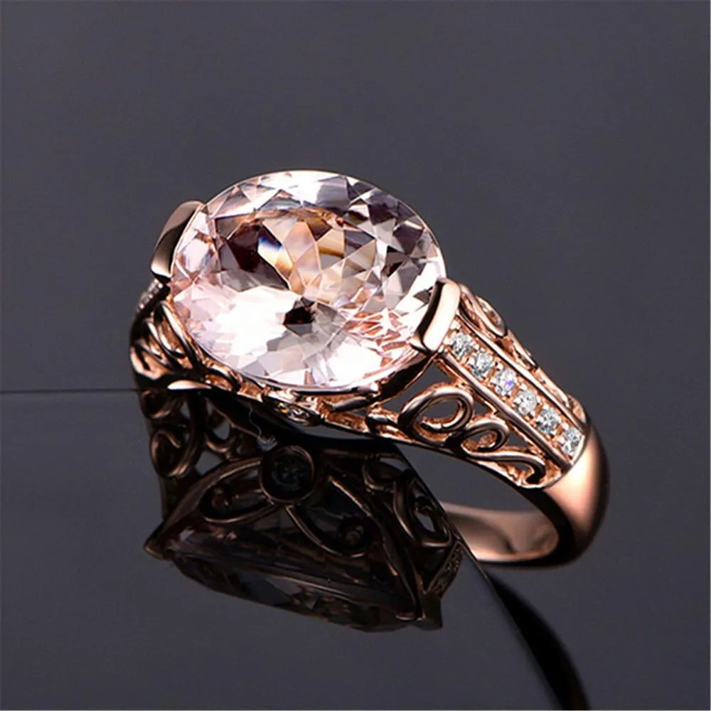 Gold Plated Solid Rings,Rose Gold Gemstone Inlaid Vintage Ring Round Cut Cubic Zirconia CZ Wedding Promise Rings for Her