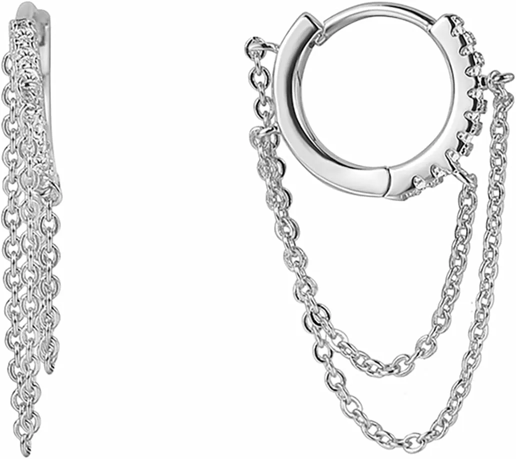 Gold Plated Tassel Chain Dangle Small Hoop Earrings, Drop Dangle Chain Huggie Hoop Earrings with Cubic Zirconia, Tarnish Resistant Lightweight Earrings for Woman and Teenagers