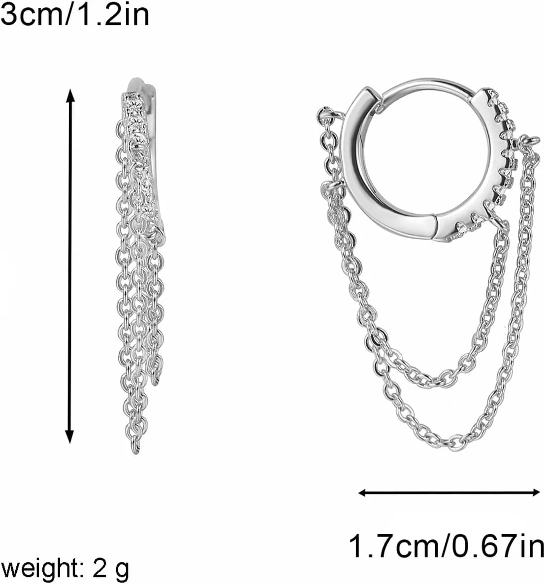 Gold Plated Tassel Chain Dangle Small Hoop Earrings, Drop Dangle Chain Huggie Hoop Earrings with Cubic Zirconia, Tarnish Resistant Lightweight Earrings for Woman and Teenagers