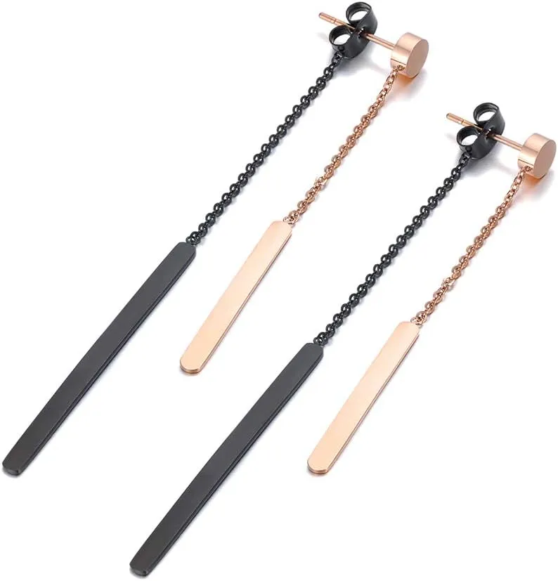 Gold Plated Titanium Stainless Steel Geometric Bar Strip Chain Tassel Dangle Earrings for Women, Minimalist Modern Style