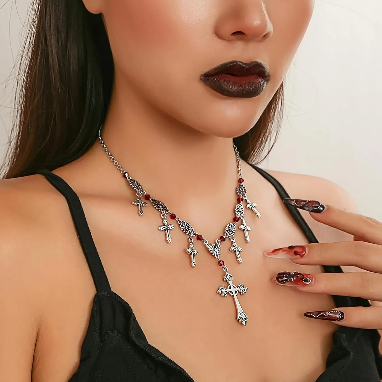 Goth Cross Necklace for Women Gothic Cross Pendant Necklace Vintage Layered Cross Choker Necklaces Punk Black Cross Necklace Halloween Jewelry