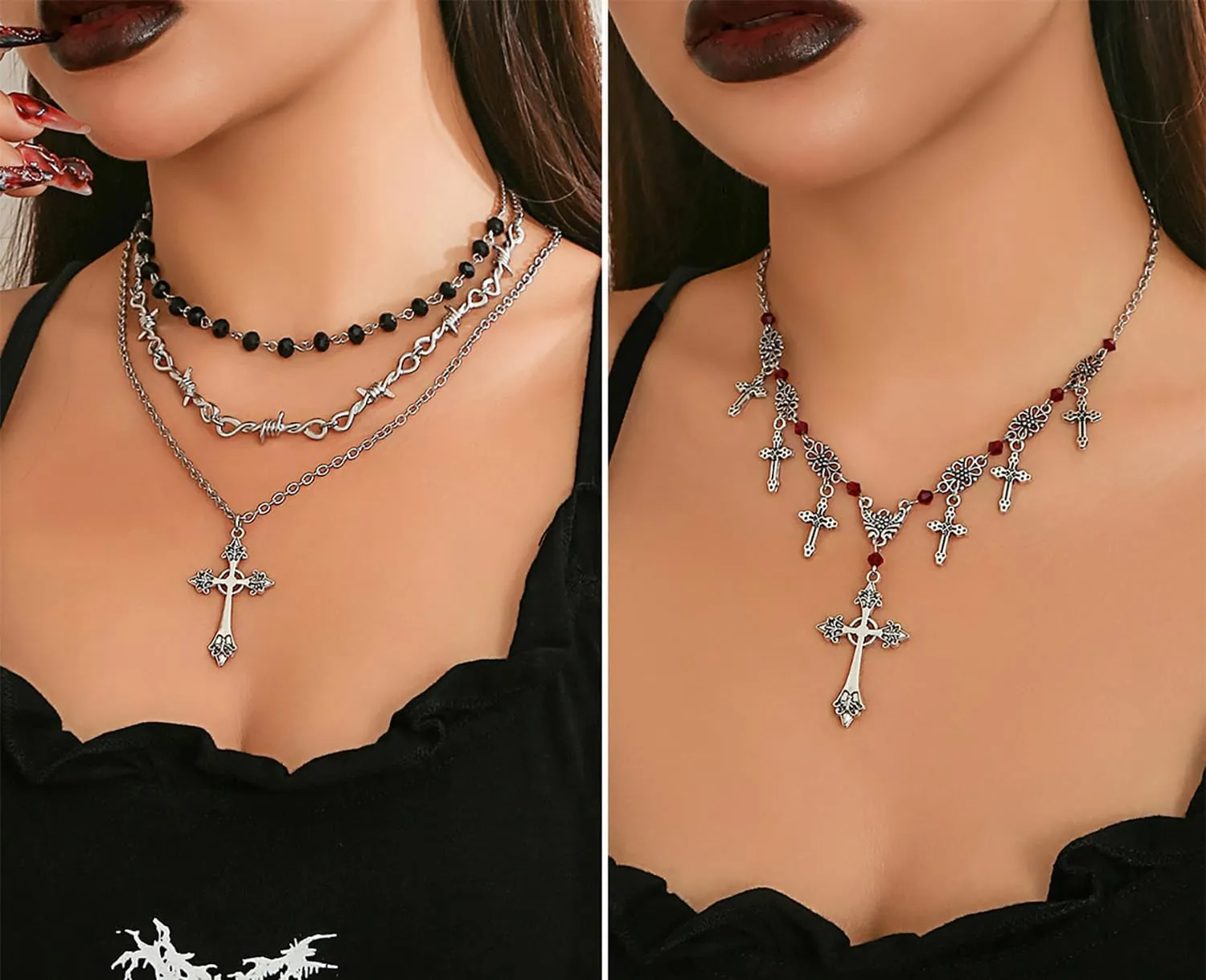 Goth Cross Necklace for Women Gothic Cross Pendant Necklace Vintage Layered Cross Choker Necklaces Punk Black Cross Necklace Halloween Jewelry