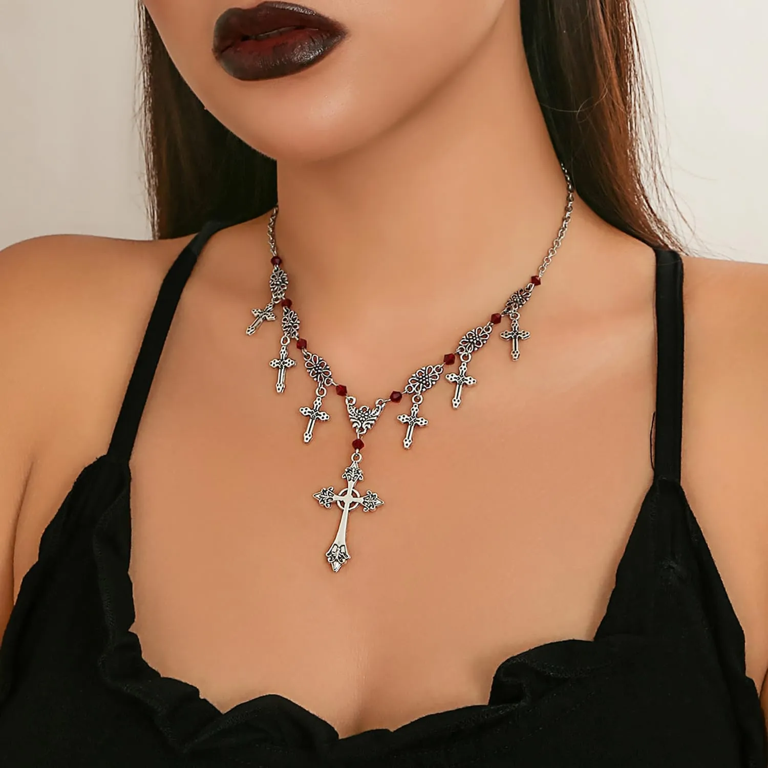 Goth Cross Necklace for Women Gothic Cross Pendant Necklace Vintage Layered Cross Choker Necklaces Punk Black Cross Necklace Halloween Jewelry