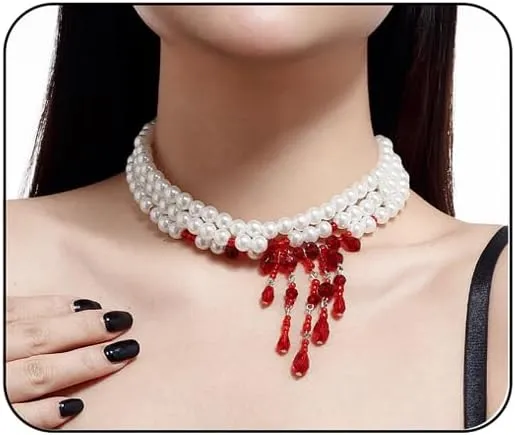 Gothic Blood Pearl Necklace for Women, Adjustable Dripping Blood Choker Layered Bleeding Pearls Necklaces Punk Bloody Tassel Clavicle Halloween Jewelry