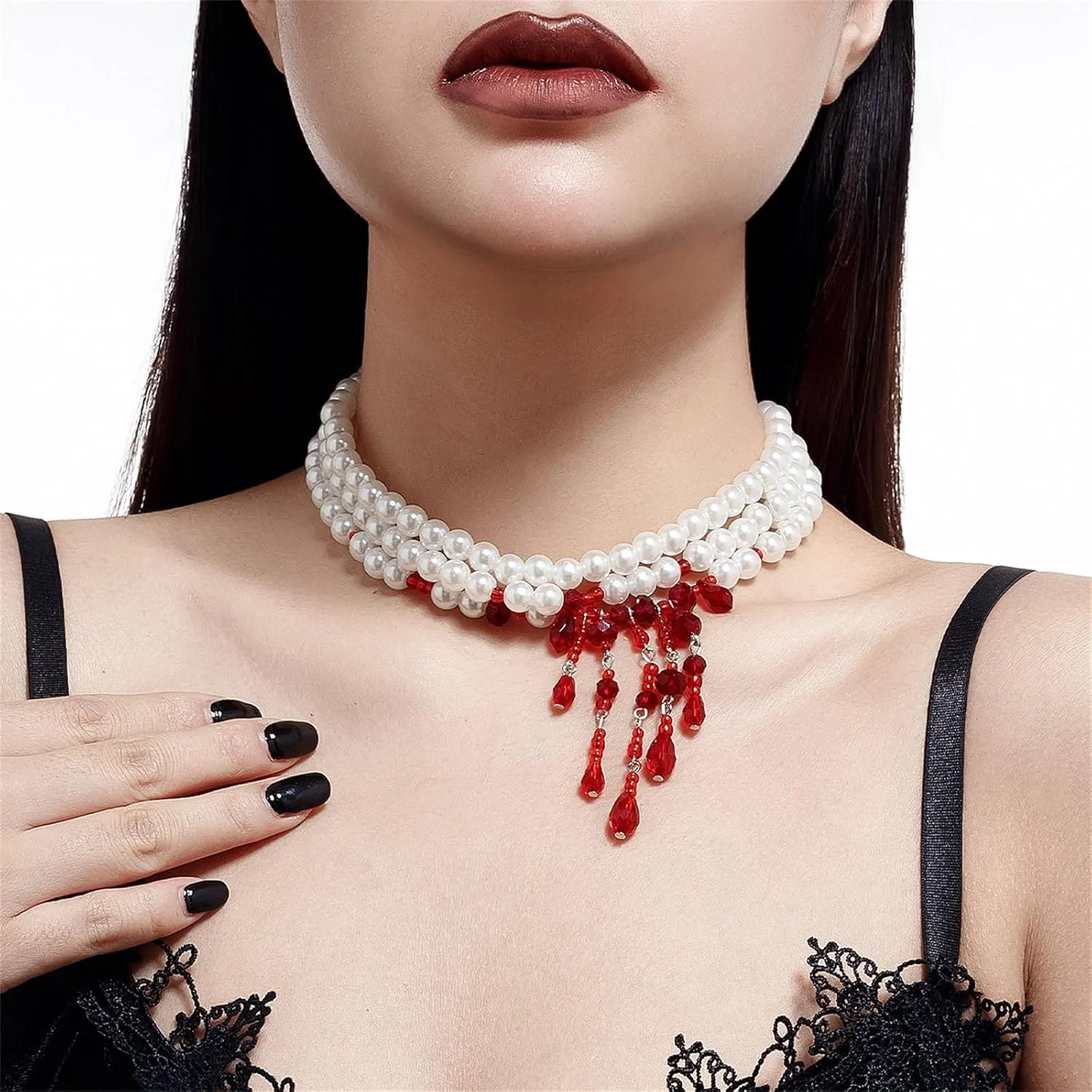 Gothic Blood Pearl Necklace for Women, Adjustable Dripping Blood Choker Layered Bleeding Pearls Necklaces Punk Bloody Tassel Clavicle Halloween Jewelry