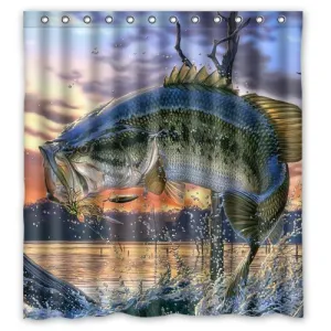 GreenDecor Large Mouth Bass Colorful Bling Jumping Out Of The Sea Waterproof Shower Curtain Set with Hooks Bathroom Accessories Size 66x72 inches