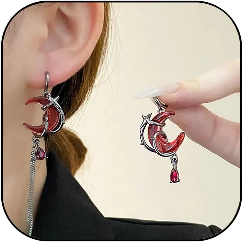 Halloween Asymmetric Moon Earrings for Women Unique Crescent Chain Huggie Earrings Gothic Blood Moon Long Tassel Dangle Drop Earrings Halloween Christmas Jewelry Gift for Women