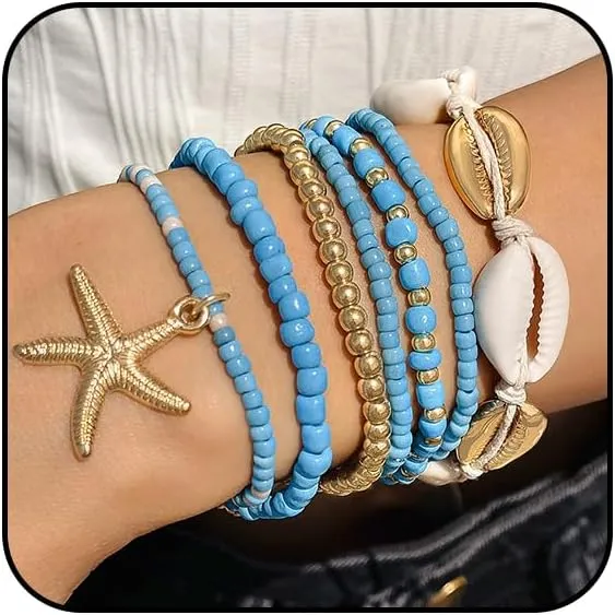 Heishi Surfer Bracelet Set for Women Bohemian Stackable Bracelets Summer Starfish Shell Bracelet Beaded Stretch Shell Bracelets Summer Beach Jewelry