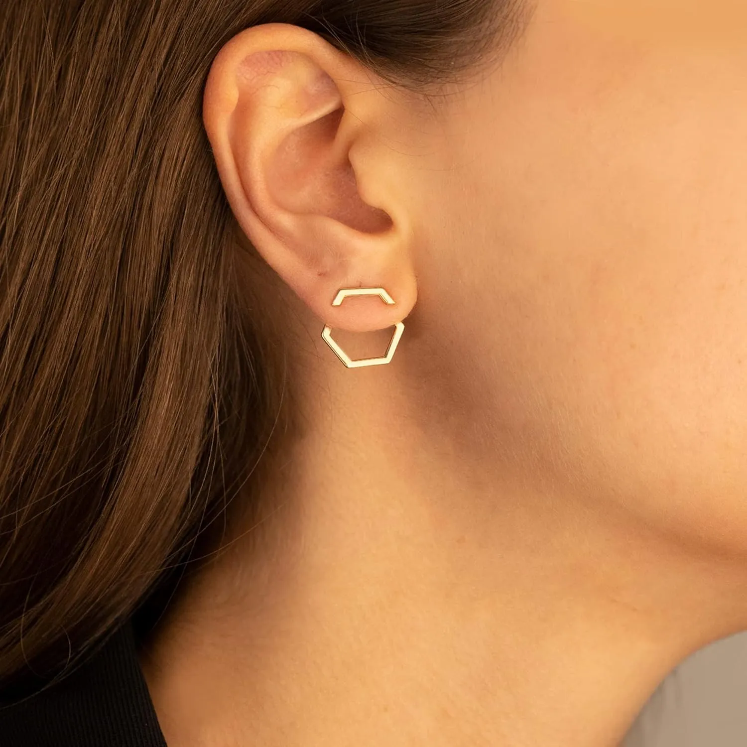 Hexagon Ear Jacket Earrings, 925 Sterling Silver Ear Jacket Studs, Gold Hexagon Earrings, Geometric Ear Jackets, Front Back Earrings, Handmade Jewelry Earrings (925 Sterling Silver)
