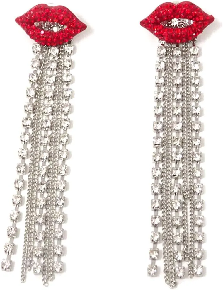 Honbay Fashionable Sparkling Sexy Lip Tassel Earrings Crystal Embellished Novelty Earrings