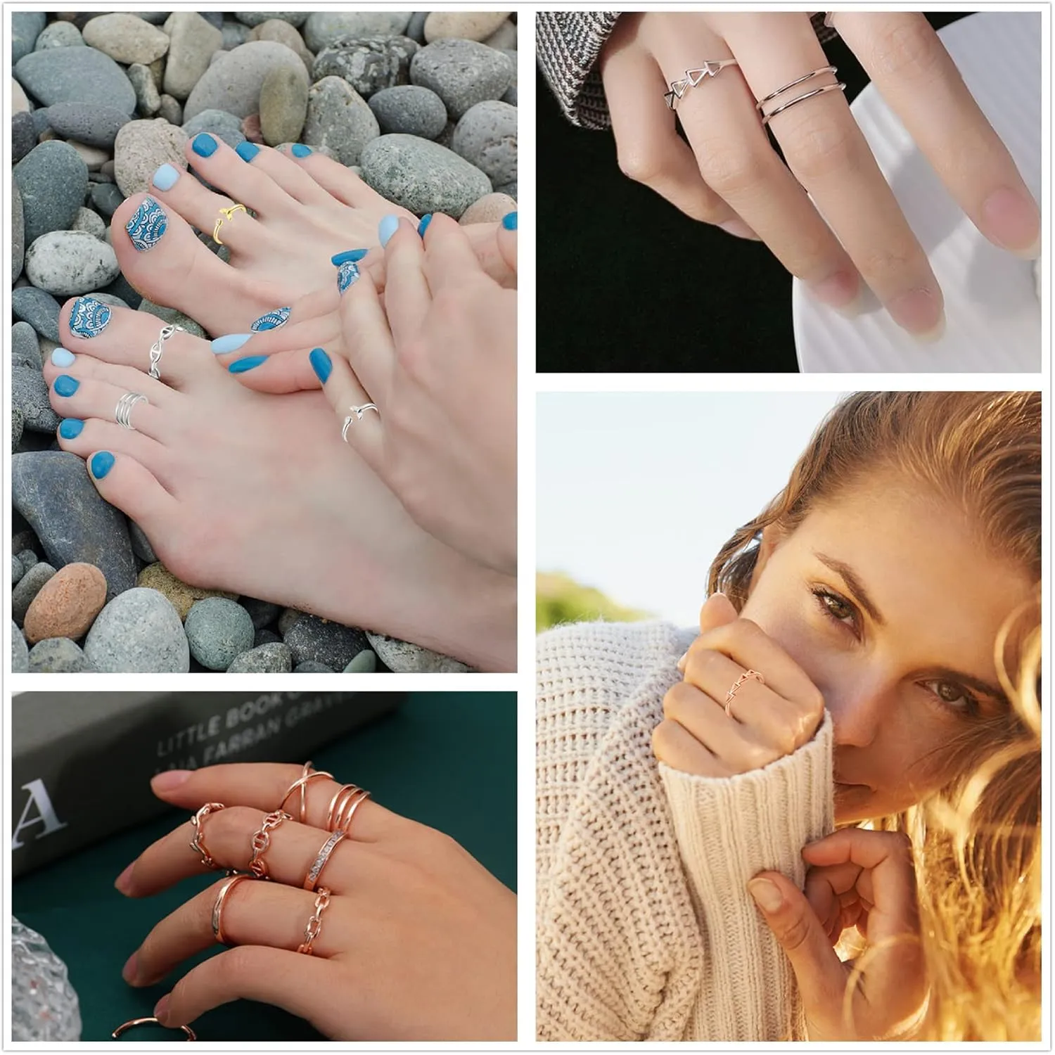 Honsny 12PCS Rings for Women Adjustable Rings Arrow Knot Wave Cute Star Moon Band Open Rings Stackable Thumb Joint Finger Silver Rings Set for Teen