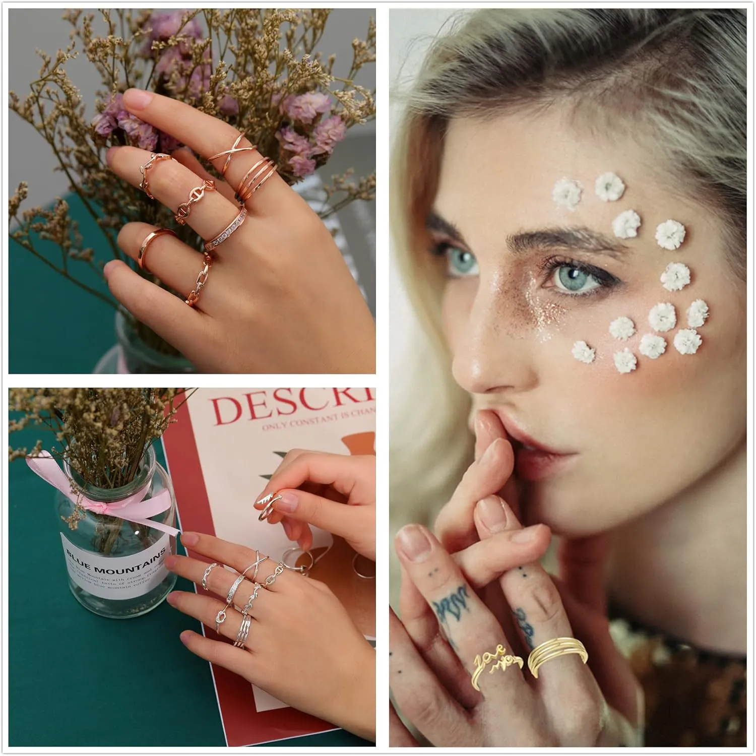 Honsny 12PCS Rings for Women Adjustable Rings Arrow Knot Wave Cute Star Moon Band Open Rings Stackable Thumb Joint Finger Silver Rings Set for Teen