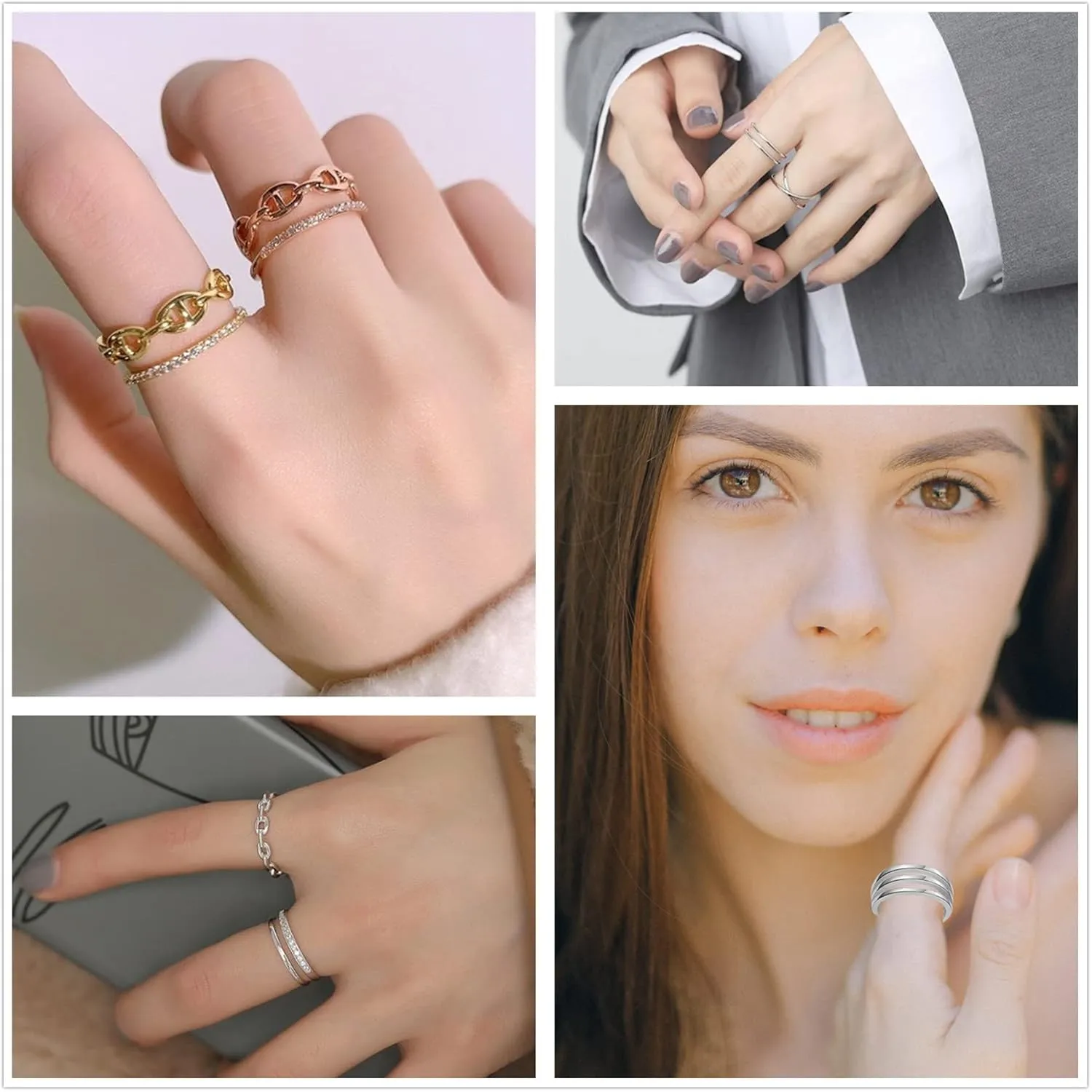 Honsny 12PCS Rings for Women Adjustable Rings Arrow Knot Wave Cute Star Moon Band Open Rings Stackable Thumb Joint Finger Silver Rings Set for Teen