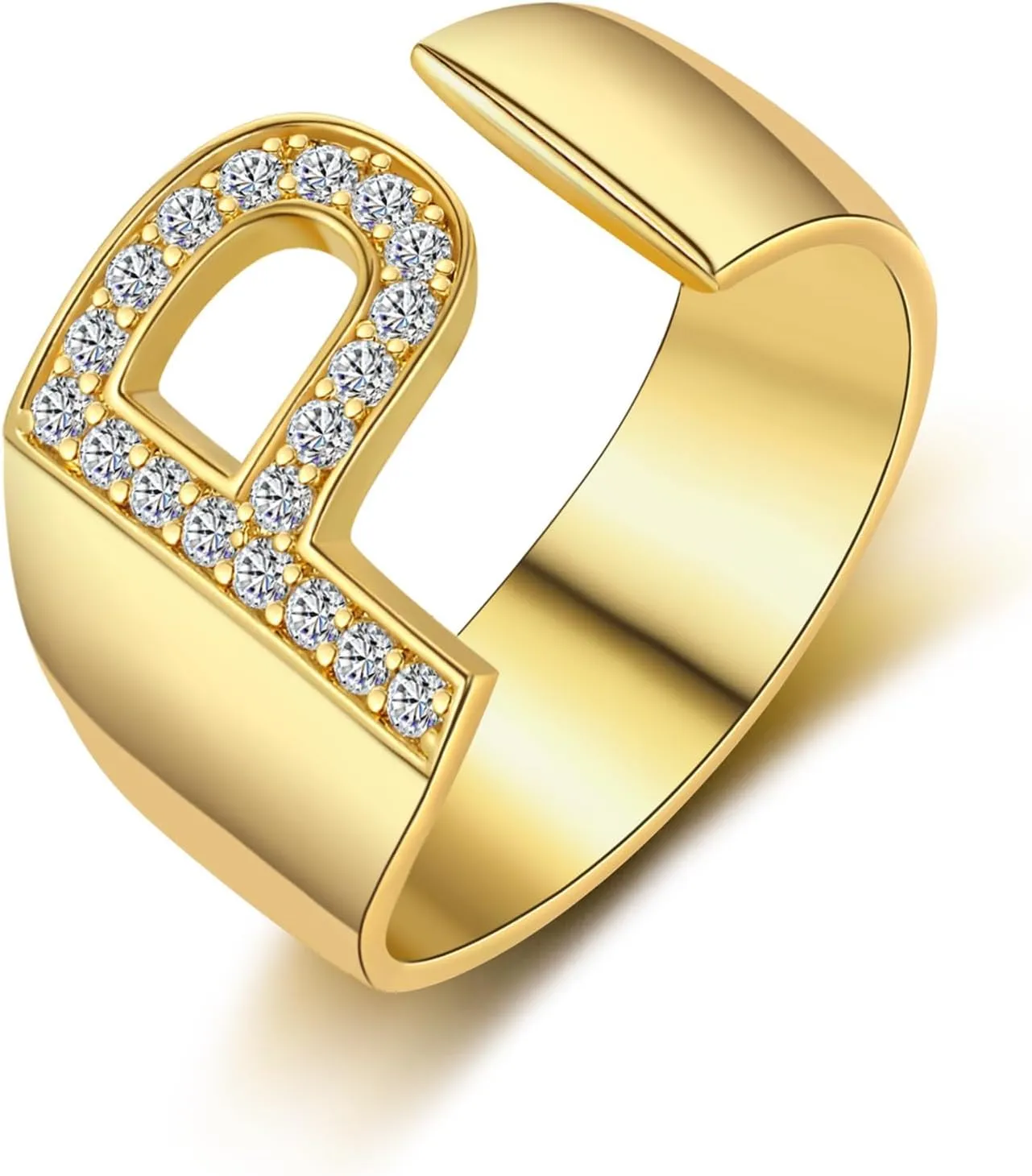 Honsny Trendy Gold Initial Ring Letter Rings for Women Chunky Open Adjustable Gold Rings Dainty Cubic Zirconia Capital Alphabet Knuckle Statement Ring