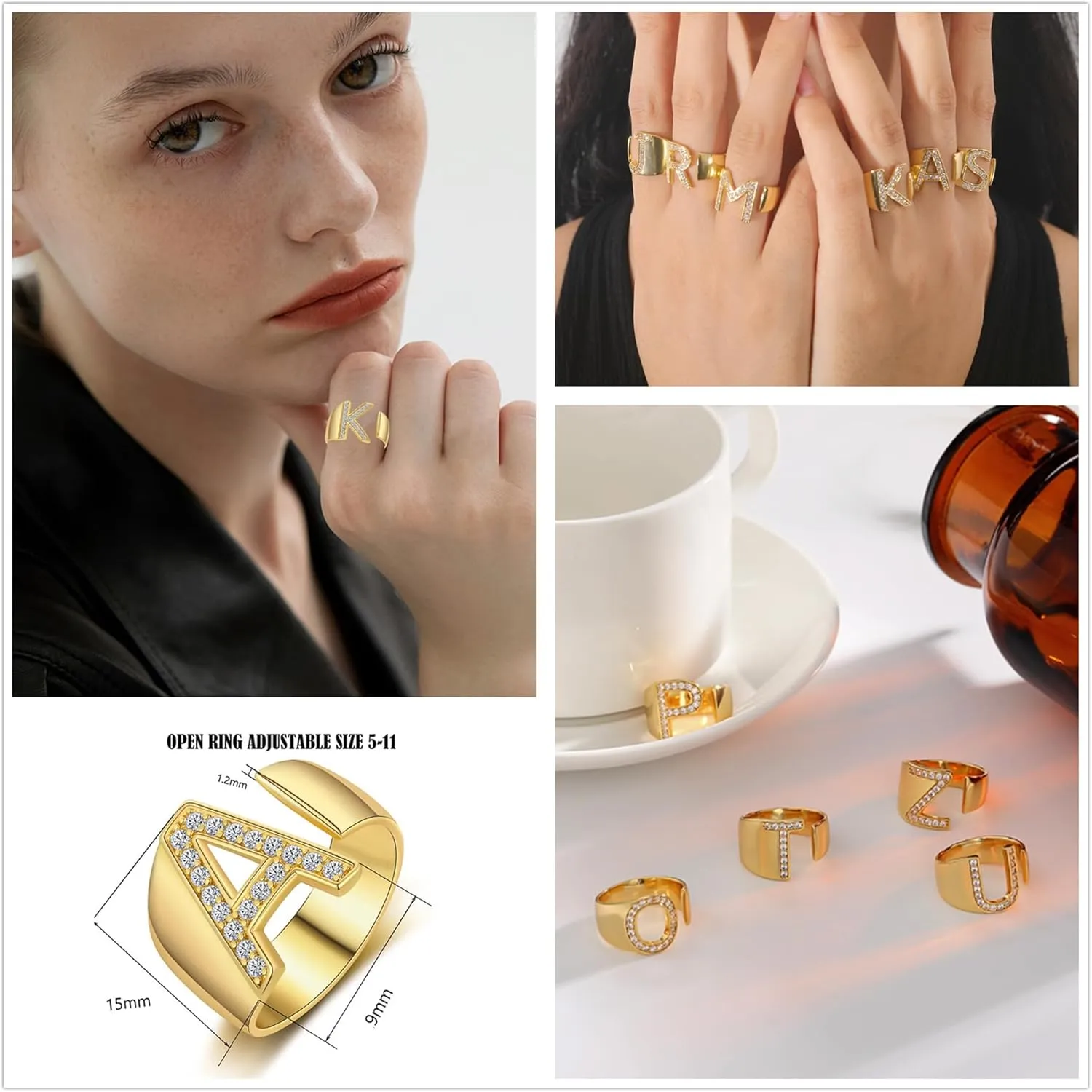 Honsny Trendy Gold Initial Ring Letter Rings for Women Chunky Open Adjustable Gold Rings Dainty Cubic Zirconia Capital Alphabet Knuckle Statement Ring