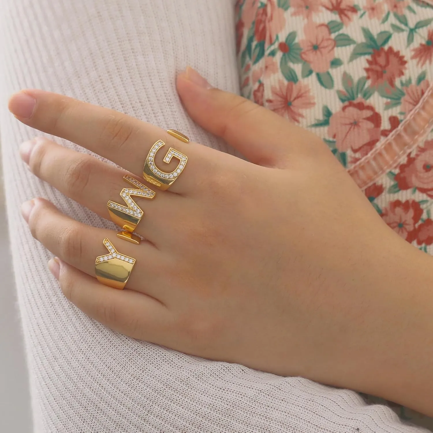 Honsny Trendy Gold Initial Ring Letter Rings for Women Chunky Open Adjustable Gold Rings Dainty Cubic Zirconia Capital Alphabet Knuckle Statement Ring