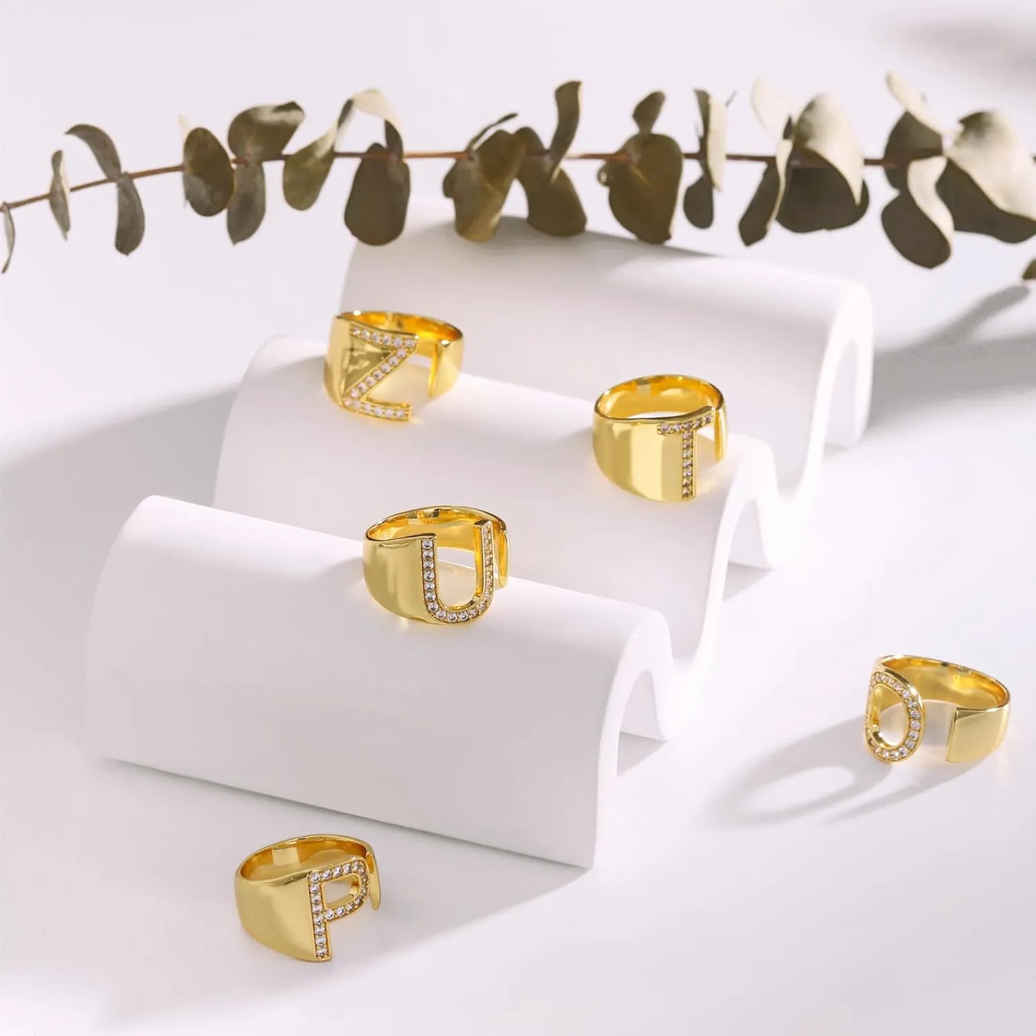 Honsny Trendy Gold Initial Ring Letter Rings for Women Chunky Open Adjustable Gold Rings Dainty Cubic Zirconia Capital Alphabet Knuckle Statement Ring