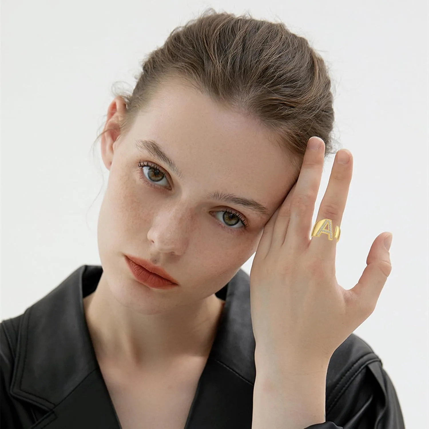 Honsny Trendy Gold Initial Ring Letter Rings for Women Chunky Open Adjustable Gold Rings Dainty Cubic Zirconia Capital Alphabet Knuckle Statement Ring