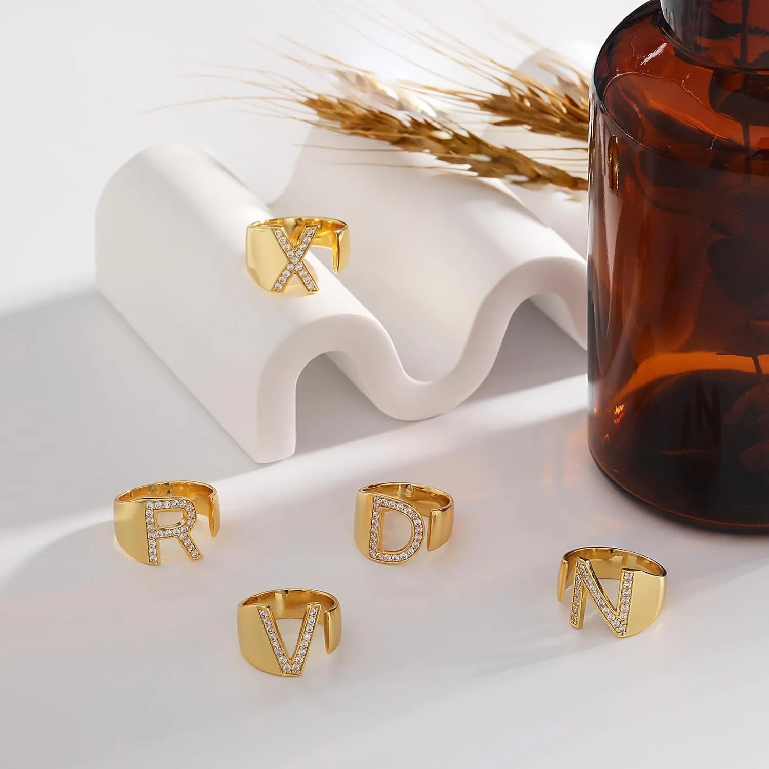 Honsny Trendy Gold Initial Ring Letter Rings for Women Chunky Open Adjustable Gold Rings Dainty Cubic Zirconia Capital Alphabet Knuckle Statement Ring