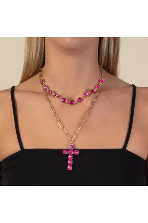 Hot Pink Crystal Cross Layered Cross Necklace With Gold Chains