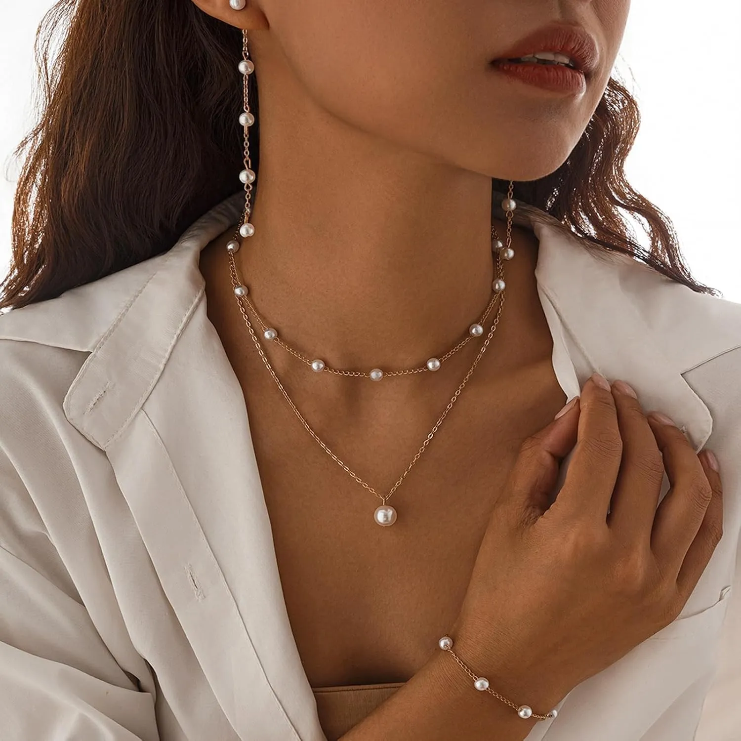 HUASAI Pearl Necklace and Earring Set 14k Gold Plated Jewelry Set Dainty Pearl Choker Necklaces for Women Pearl Wedding Jewelry Set Gifts
