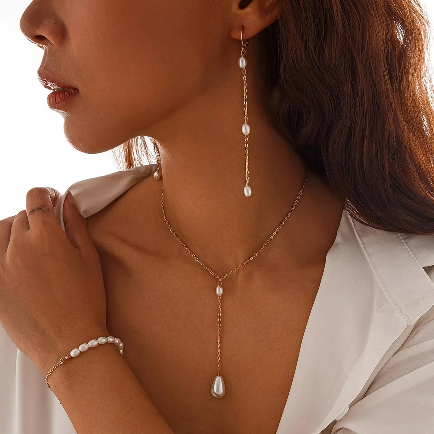 HUASAI Pearl Necklace and Earring Set 14k Gold Plated Jewelry Set Dainty Pearl Choker Necklaces for Women Pearl Wedding Jewelry Set Gifts