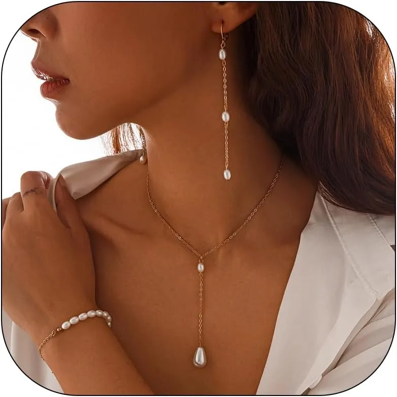 HUASAI Pearl Necklace and Earring Set 14k Gold Plated Jewelry Set Dainty Pearl Choker Necklaces for Women Pearl Wedding Jewelry Set Gifts