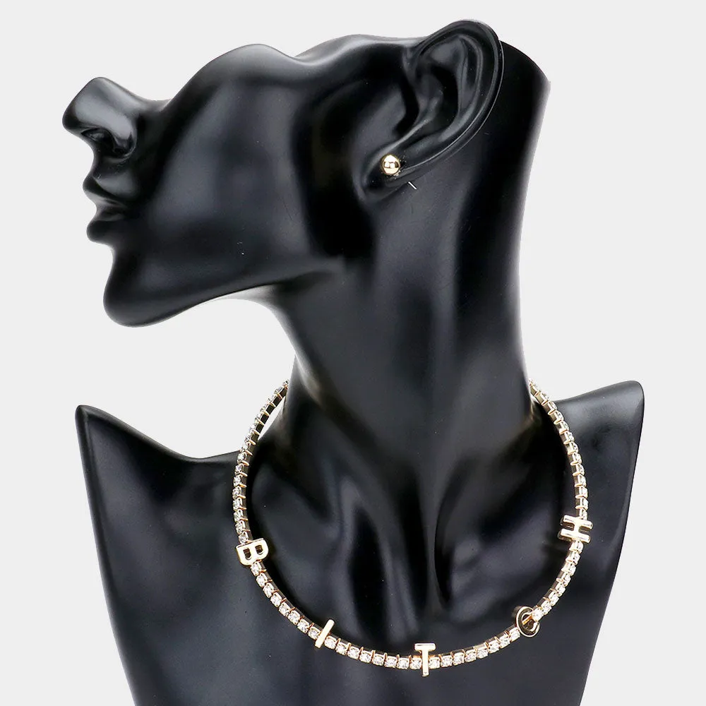 iLLASPARKZ BITCH Metal Message Pendant Stone Choker Necklace