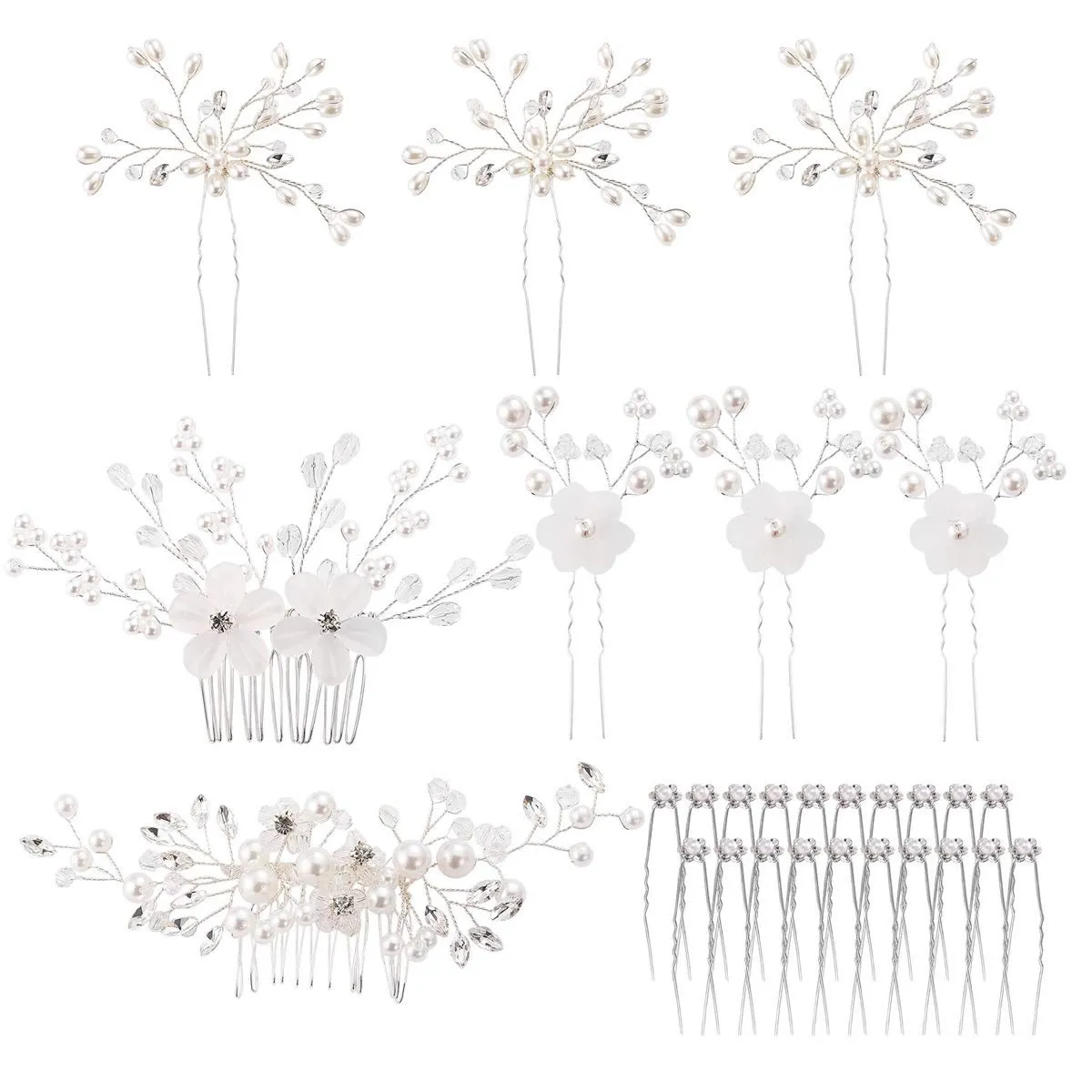 inSowni 28 Pack Silver Flower Pearl Wedding Bridal Hair Side Combs U Shaped Hair Pins Clips Rhinestone Crystal Decorative Accessories Headpieces for Women Girls Brides Bridesmaids