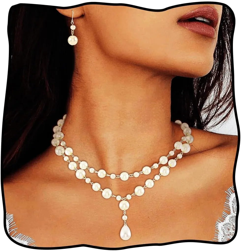 JEAIRTS Pearl Jewelry Set Silver Layered Pearls Pendant Necklaces and Earrings Dainty Prom Choker Necklace Accessories for Women