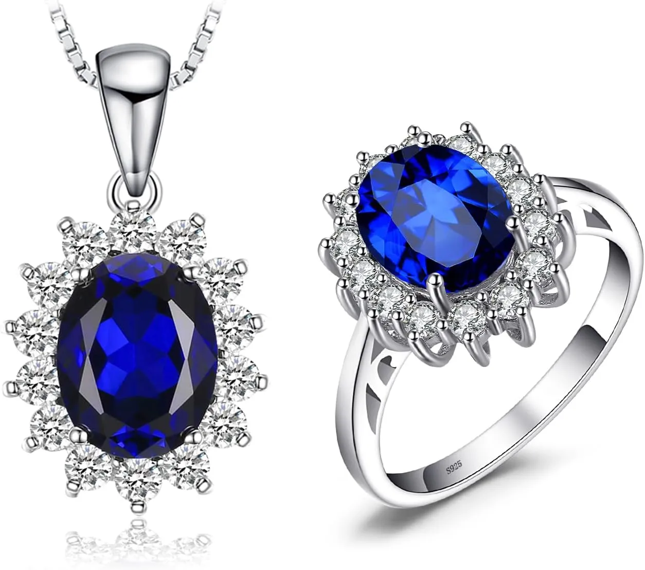 JewelryPalace Princess Diana Kate Middleton Class Gemstone Birthstone Blue Sapphire Halo Statement Rings Necklaces for Women, 14K White Gold Plated 925 Sterling Silver Promise Rings for Her 6