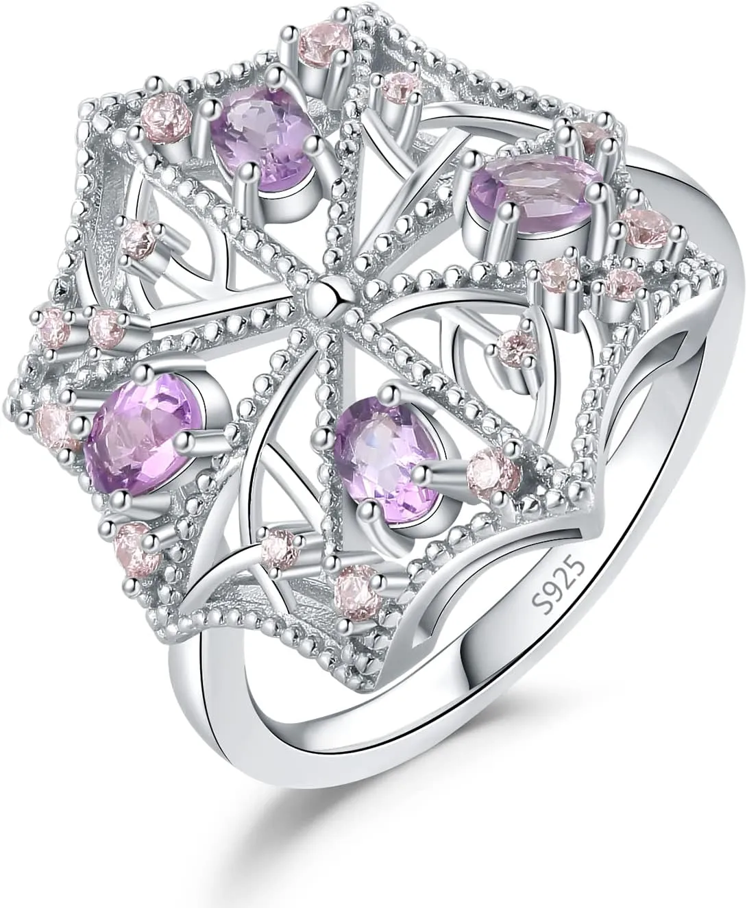 JewelryPalace Umbrella 0.8ct Hollow Oval Lavender Color Genuine Light Amethyst Rings for Women, 14k White Gold Plated 925 Sterling Silver Cocktail Rings for Her, Natural Gemstone Jewellery Sets