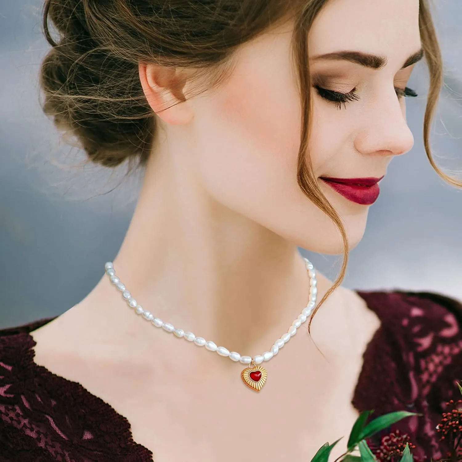 JINHUI Pearl Choker Necklace for Women, Dainty Love Heart/Evil Eye Hamsa Hand/Emerald Cut/Teardrop Birthstone/Star Charm Necklace Jewelry Gift for Her