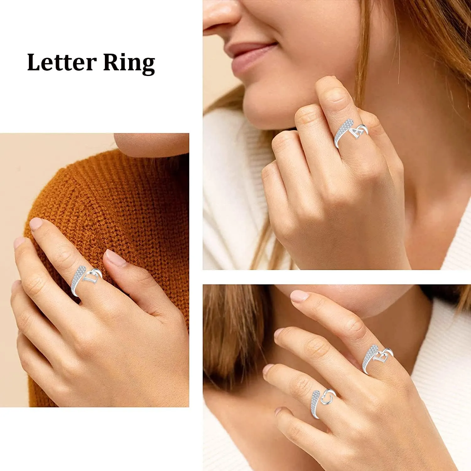 JO WISDOM Women Ring,Sterling Silver Stackable Initial Letter Rings for Women A-Z Cubic Zirconia Capital Letter Alphabet Adjustable Ring Size 7