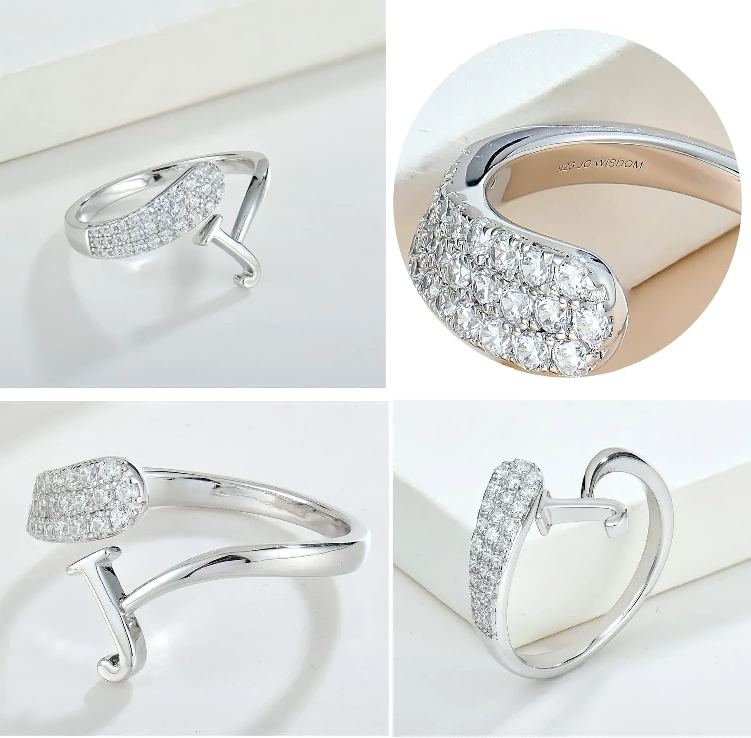 JO WISDOM Women Ring,Sterling Silver Stackable Initial Letter Rings for Women A-Z Cubic Zirconia Capital Letter Alphabet Adjustable Ring Size 7
