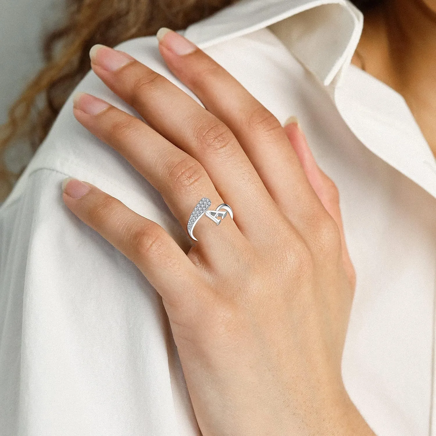 JO WISDOM Women Ring,Sterling Silver Stackable Initial Letter Rings for Women A-Z Cubic Zirconia Capital Letter Alphabet Adjustable Ring Size 7