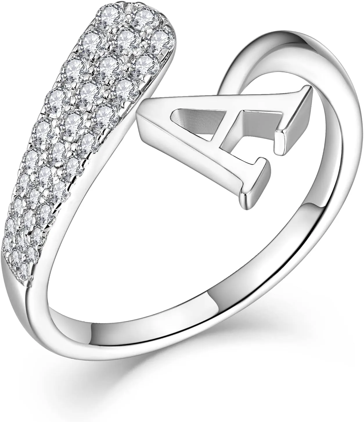 JO WISDOM Women Ring,Sterling Silver Stackable Initial Letter Rings for Women A-Z Cubic Zirconia Capital Letter Alphabet Adjustable Ring Size 7