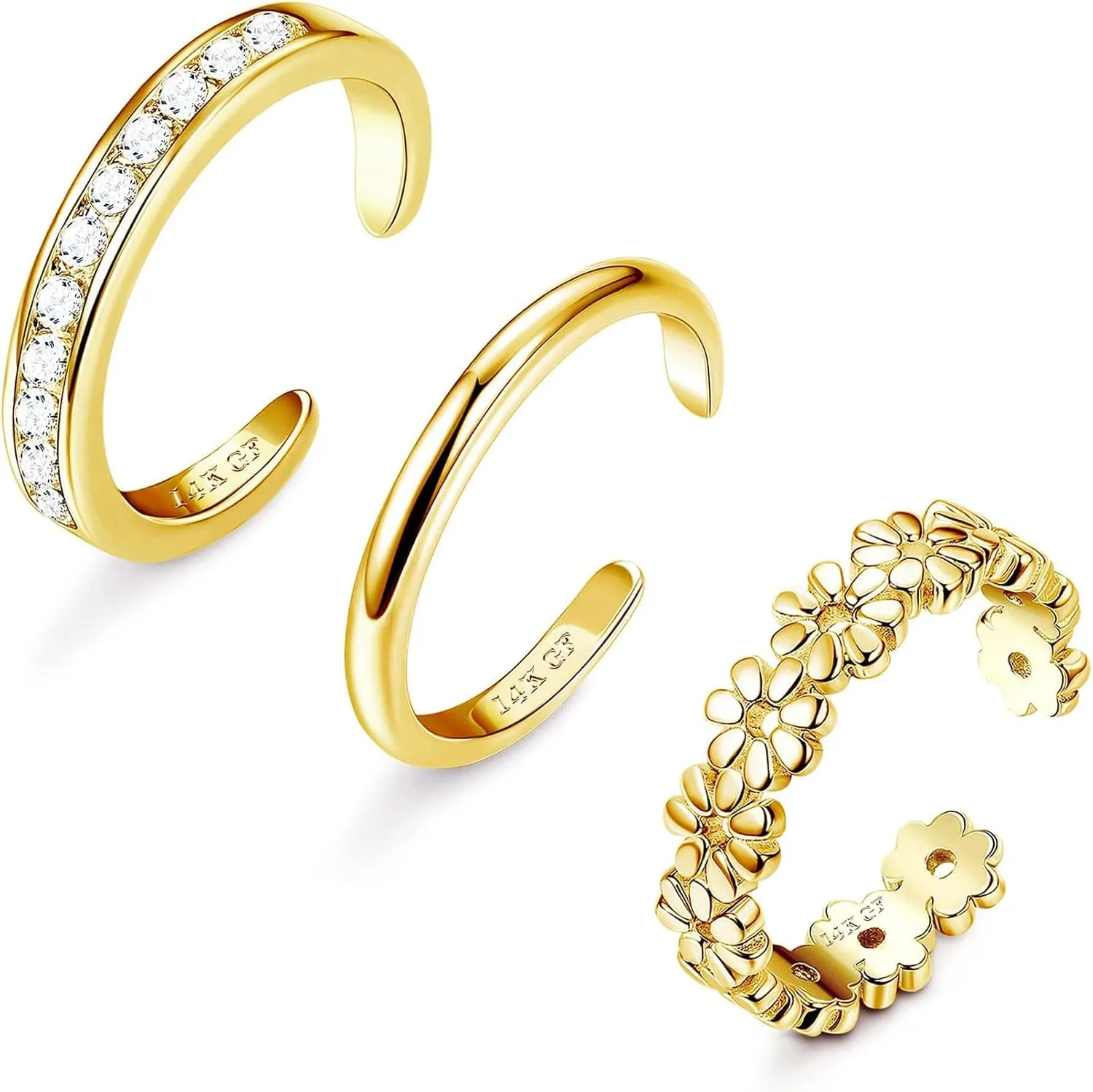 Jstyle 3PCS 14K Gold Filled Toe Rings for Women Adjustable Gold Toe Ring Set Open Band Simple CZ Daisy Flower Toe Rings Hawaiian Summer Beach Foot Jewelry for Women