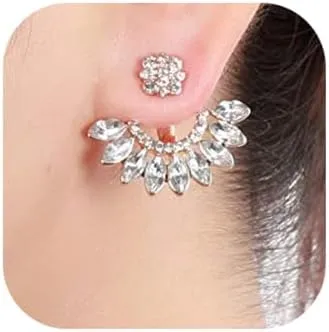 Jumwrit Ear Jacket Stud Earrings Rhinestone Flower Dangle Earrings Front Back Cuff Earrings for Women Simple Chic Earrings Accessories(Rose Gold)