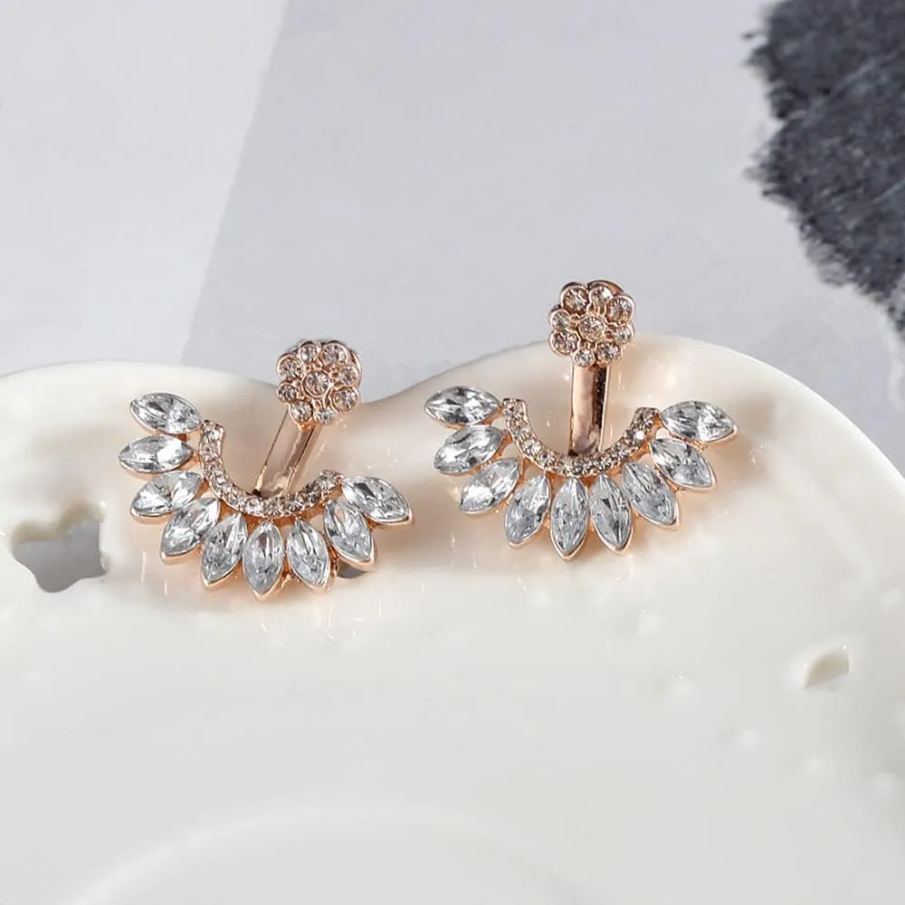 Jumwrit Ear Jacket Stud Earrings Rhinestone Flower Dangle Earrings Front Back Cuff Earrings for Women Simple Chic Earrings Accessories(Rose Gold)
