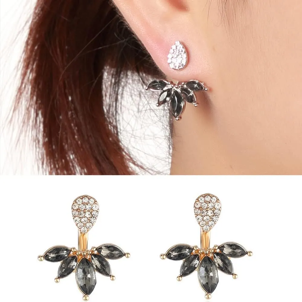 Jumwrit Leaf Feather Ear Jacket Rhinestone Teardrop Stud Earrings Ear Jacket Cuff Earrings Front Back Earrings for Women Chic EarringsGold