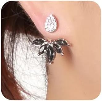 Jumwrit Leaf Feather Ear Jacket Rhinestone Teardrop Stud Earrings Ear Jacket Cuff Earrings Front Back Earrings for Women Chic EarringsGold